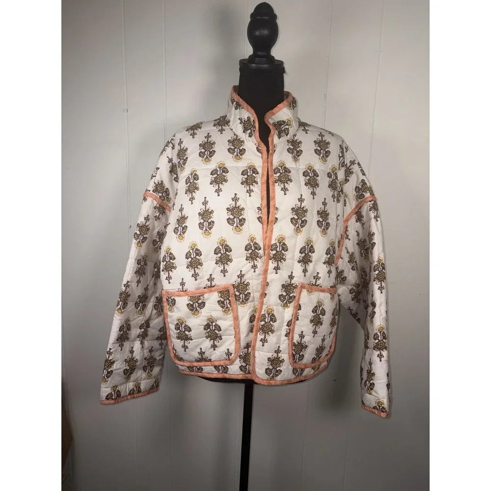 Free People Chloe Quilted Jacket XS Peach Ivory Folk Print Boho Dolman Cropped